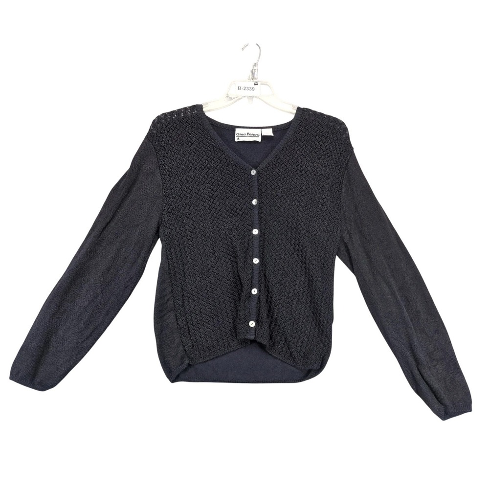 Vintage 90s Gina Peters Black Pointelle Cardigan Sweater Womens L Shell Buttons